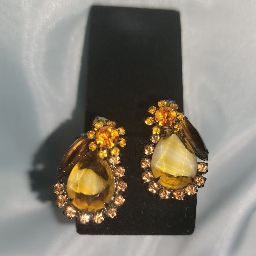 VTG Fall Givre' Art Glass Verified Juliana Clip-On Earrings Japanned Settng